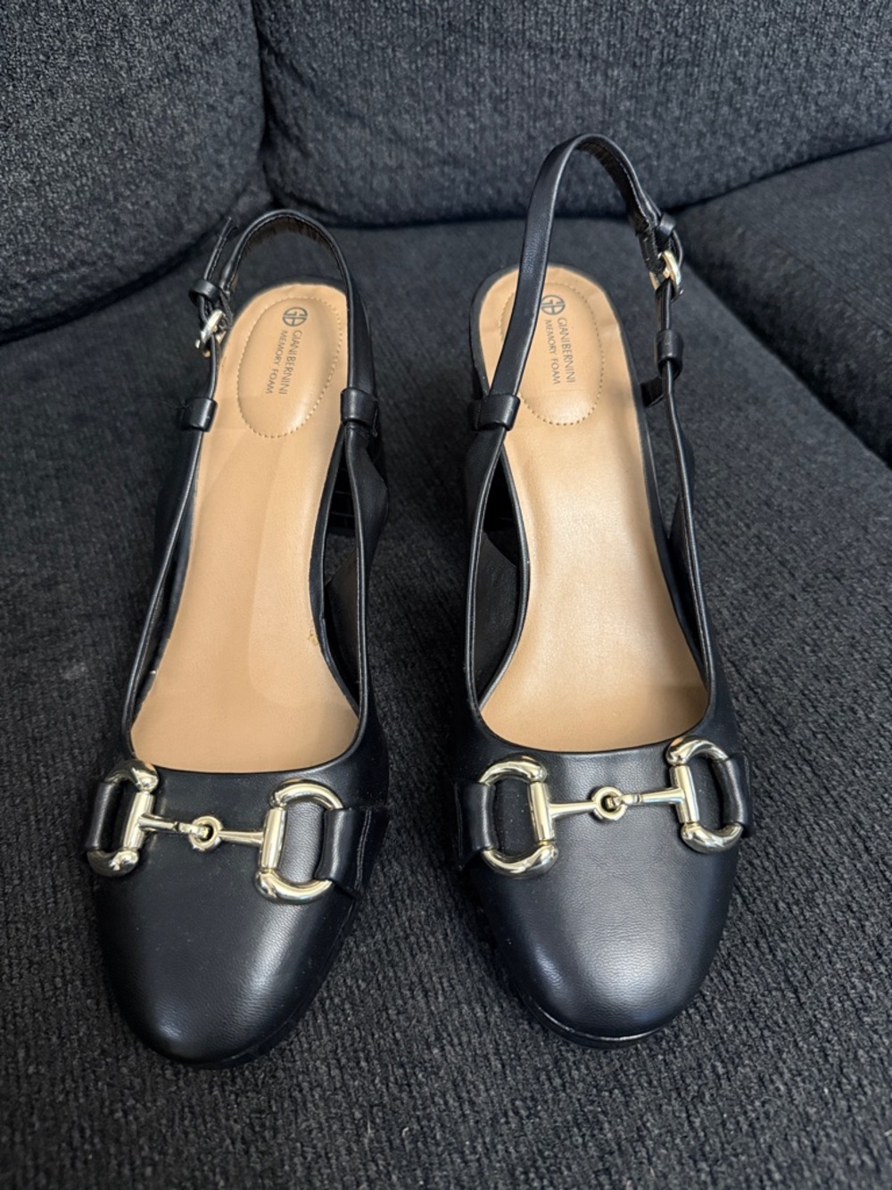 Giani Bernini Black Leather Slingback Flats with Gold Hardware